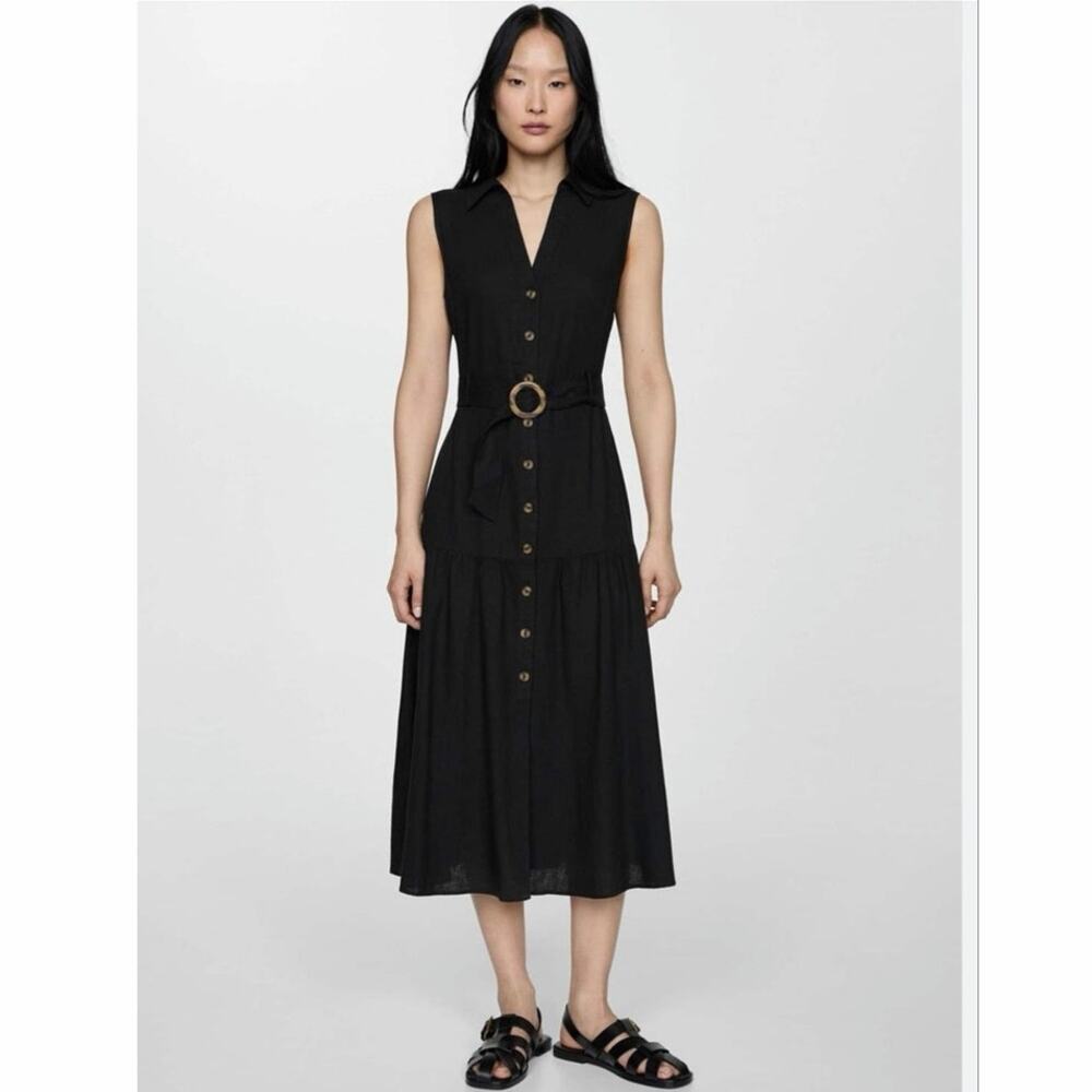 Mango MNG Black Linen Blend Belted Button Front Sleeveless Midi Dress XL 10
